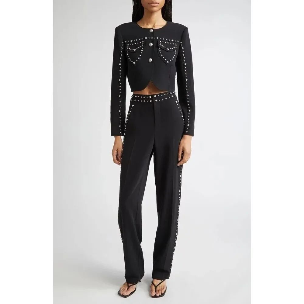 New $595 Cinq à Sept Olga Studded Cropped Blazer Jacket Black Size 8